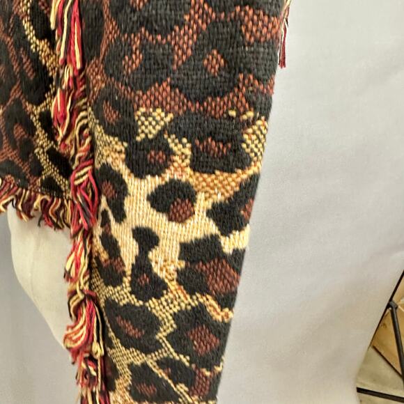 Vintage Cache Leopard Print Woven Fringe Bolero Blanket Jacket Size Small Cotton - Picture 8 of 16